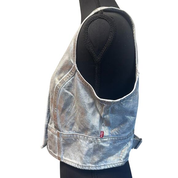 Levi’s Metallic Silver Jean Vest Corset Crop Top Sz L Festival Country Southern - Picture 3 of 11